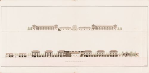 Ideal hospital for 1000 to 1200 patients, Paris: Elevation and sectional elevation