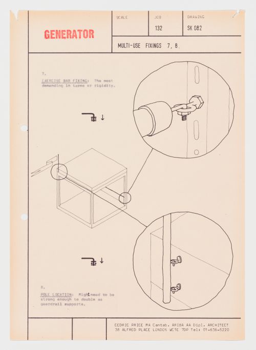 Generator project, White Oak Plantation, Yulee Florida: perspective view of cube with detail views of hardware for exercise bar and pole