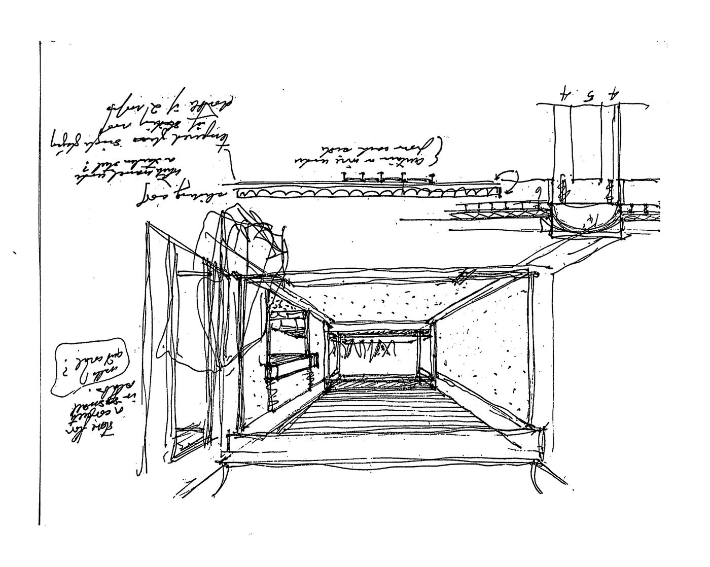 Sketches, interior perspective with elevation and section details, Private Residence, Pacific North-West (also called "Bagley Wright House")