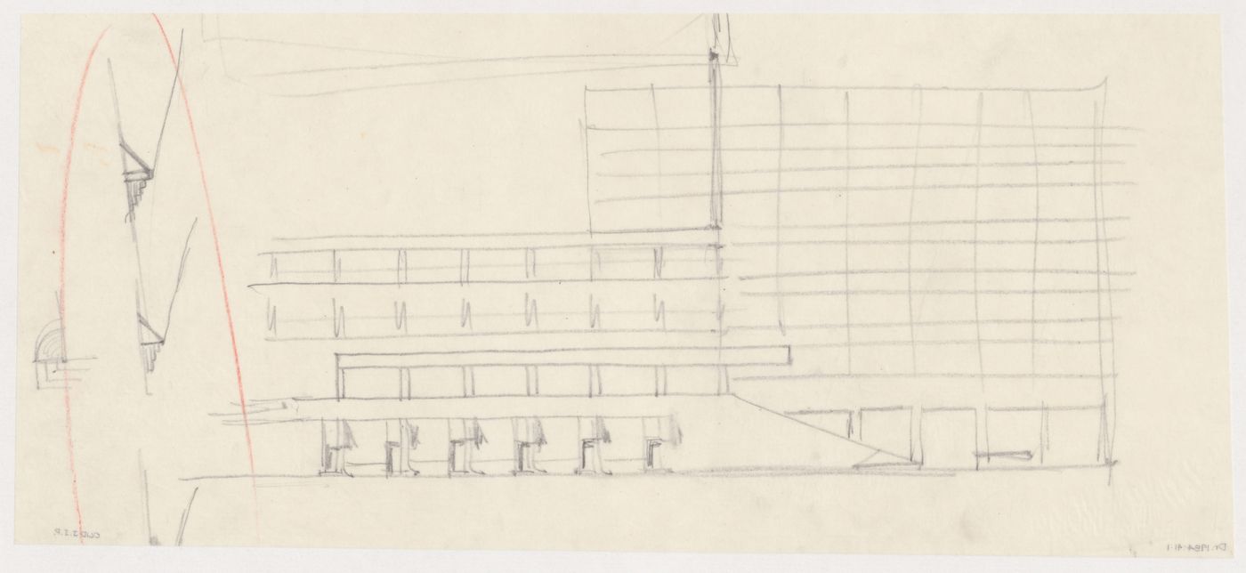 Partial sketch elevations showing stairs for the New Stock Exchange Building, Rotterdam, Netherlands