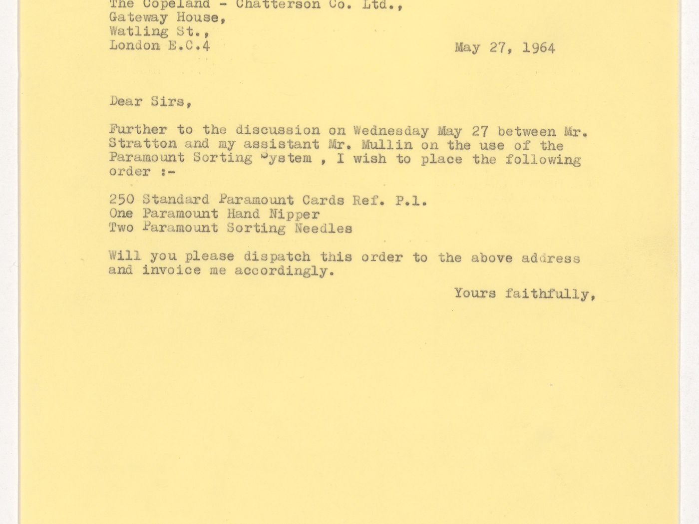 Letter, possibly from Cedric Price, to Copeland-Chatterson Co. Ltd. regarding the use of the Paramount Sorting System