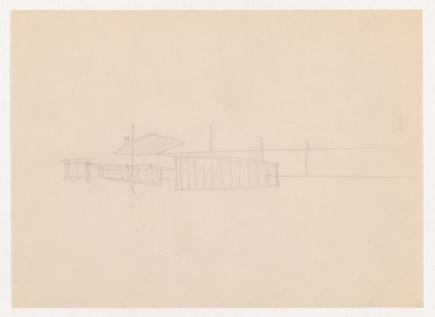 Interior perspective sketch for Museum for a Small City showing the auditorium with suspended ceiling