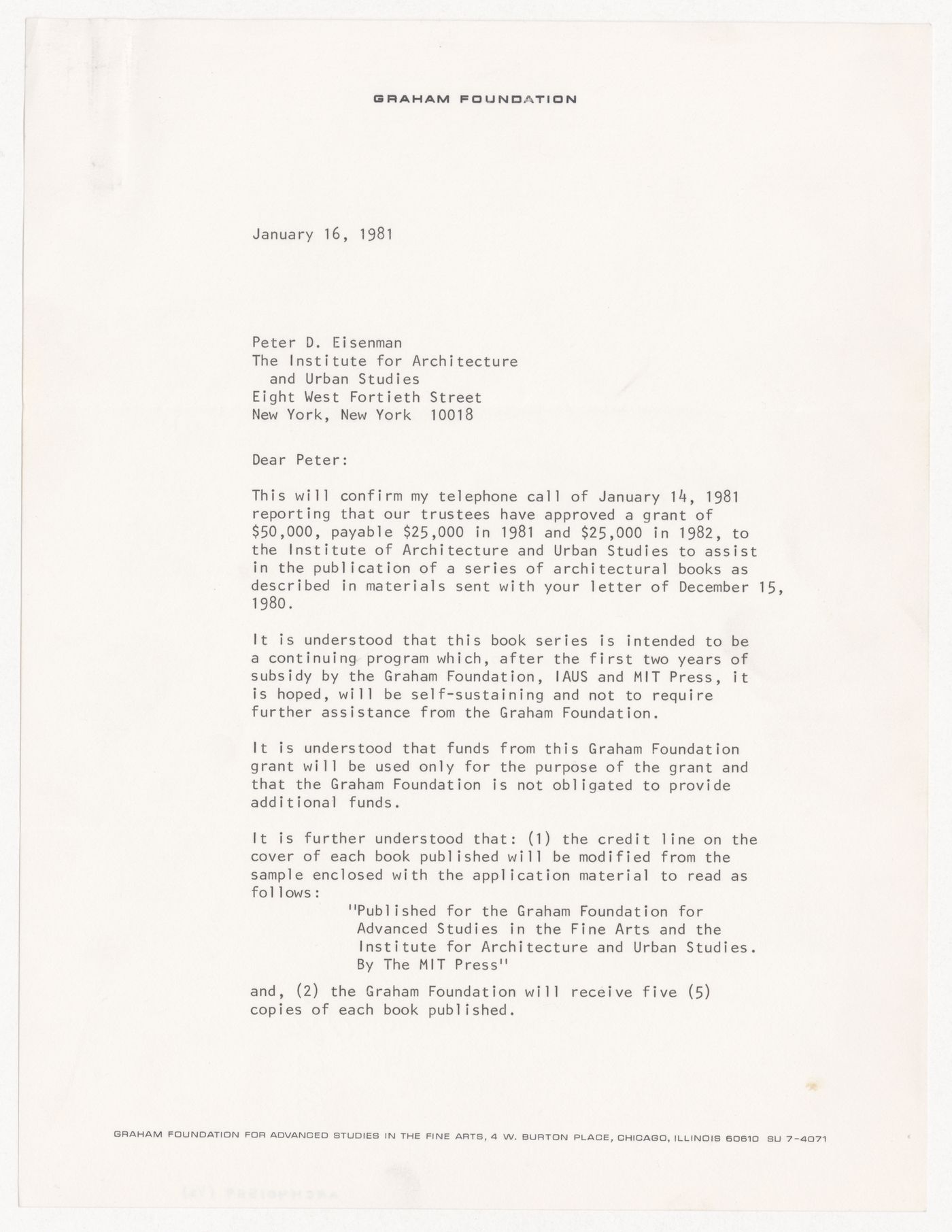 Letter from Carter H. Manny Jr. to Peter D. Eisenman about award of a grant from the Graham Foundation