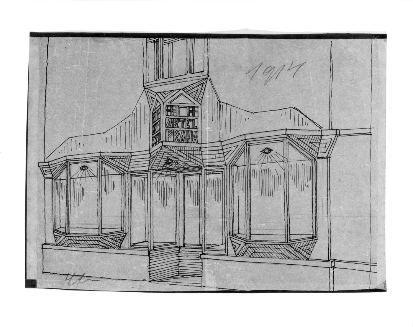 Perspective view of the facade for the Artel Pavilion, Prague
