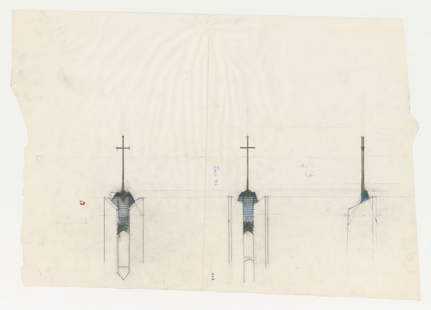 Wayfarers' Chapel, Palos Verdes, California: Three elevations for the top of the campanile