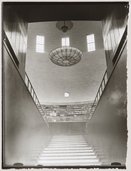 Interior view of the lending hall of Stockholm Public Library from the main stairs, 51-55 Odengatan, Stockholm