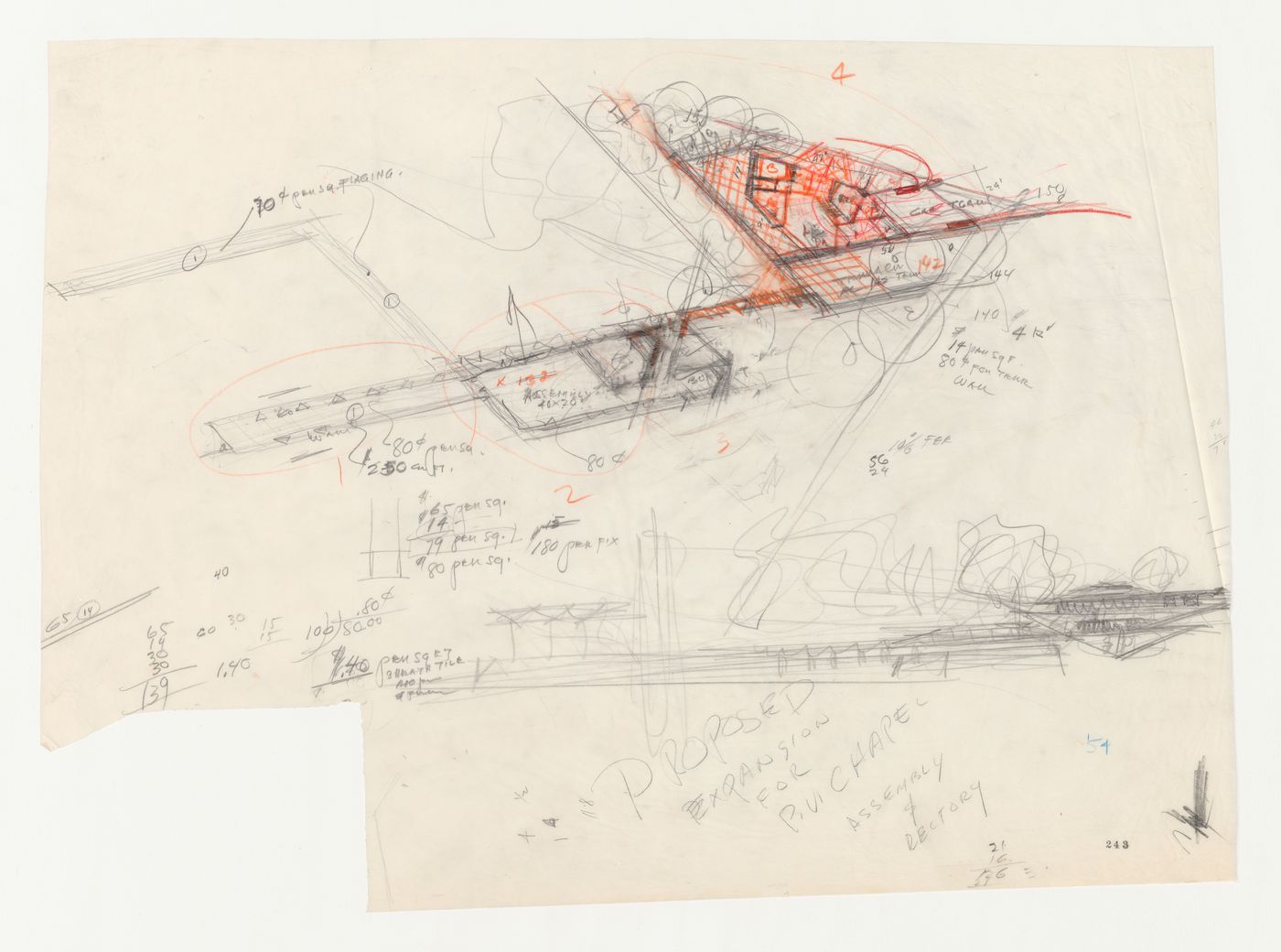 Wayfarers' Chapel, Palos Verdes, California: Plan for the parish house, cloister and rectory and sketch elevations for the chapel, campanile, cloister, parish house and rectory