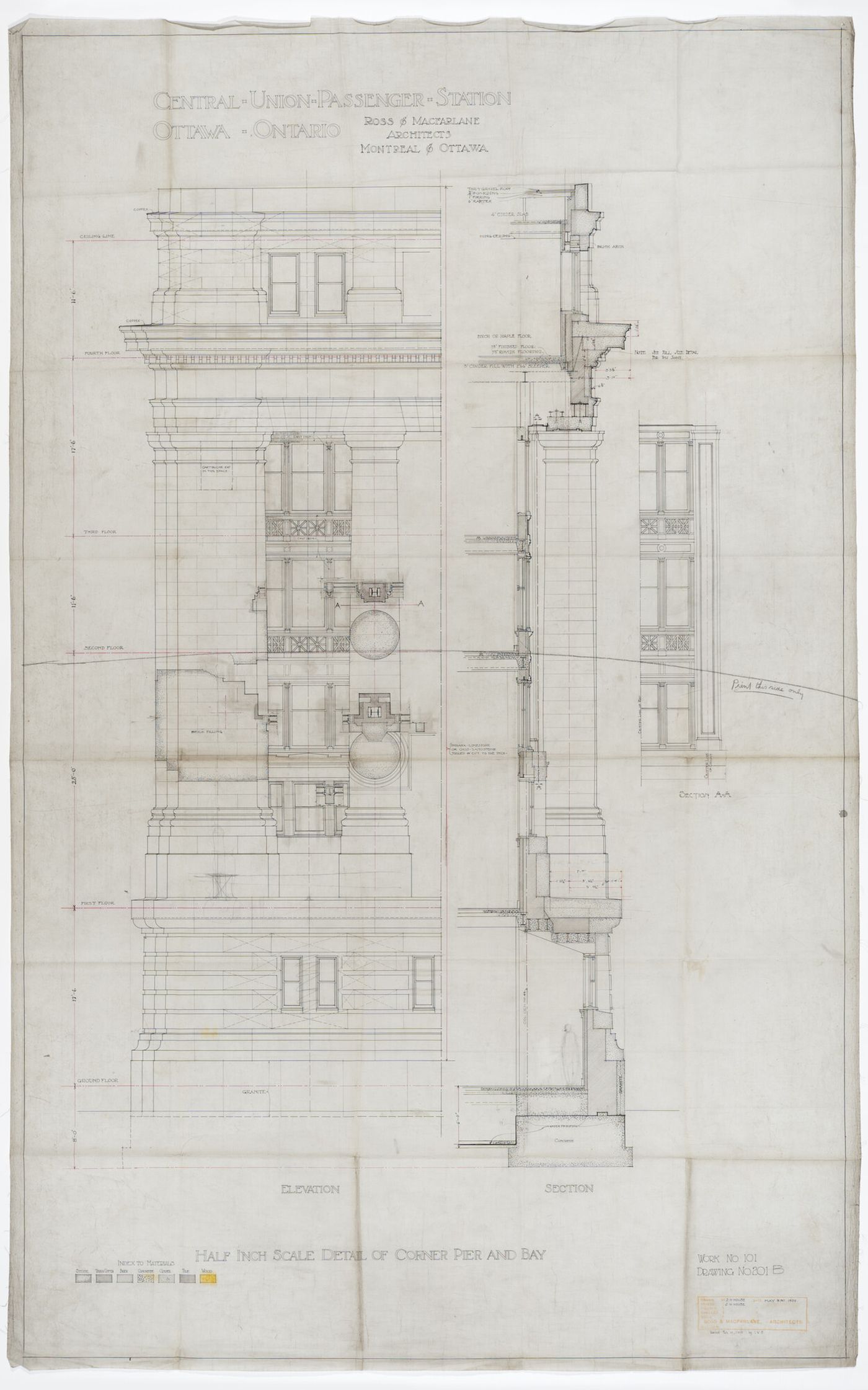 Detail of corner pier and bay for Central Union Passenger Station, Ottawa, Ontario
