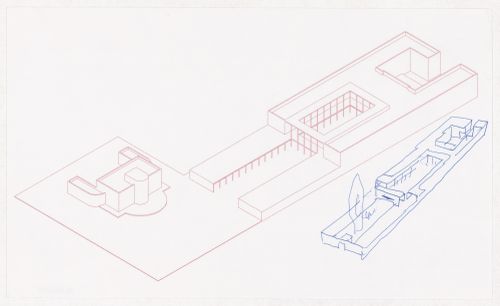 Axonometric view and sketch axonometric view for Reitoria da Universidade de Alicante, Alicante, Spain