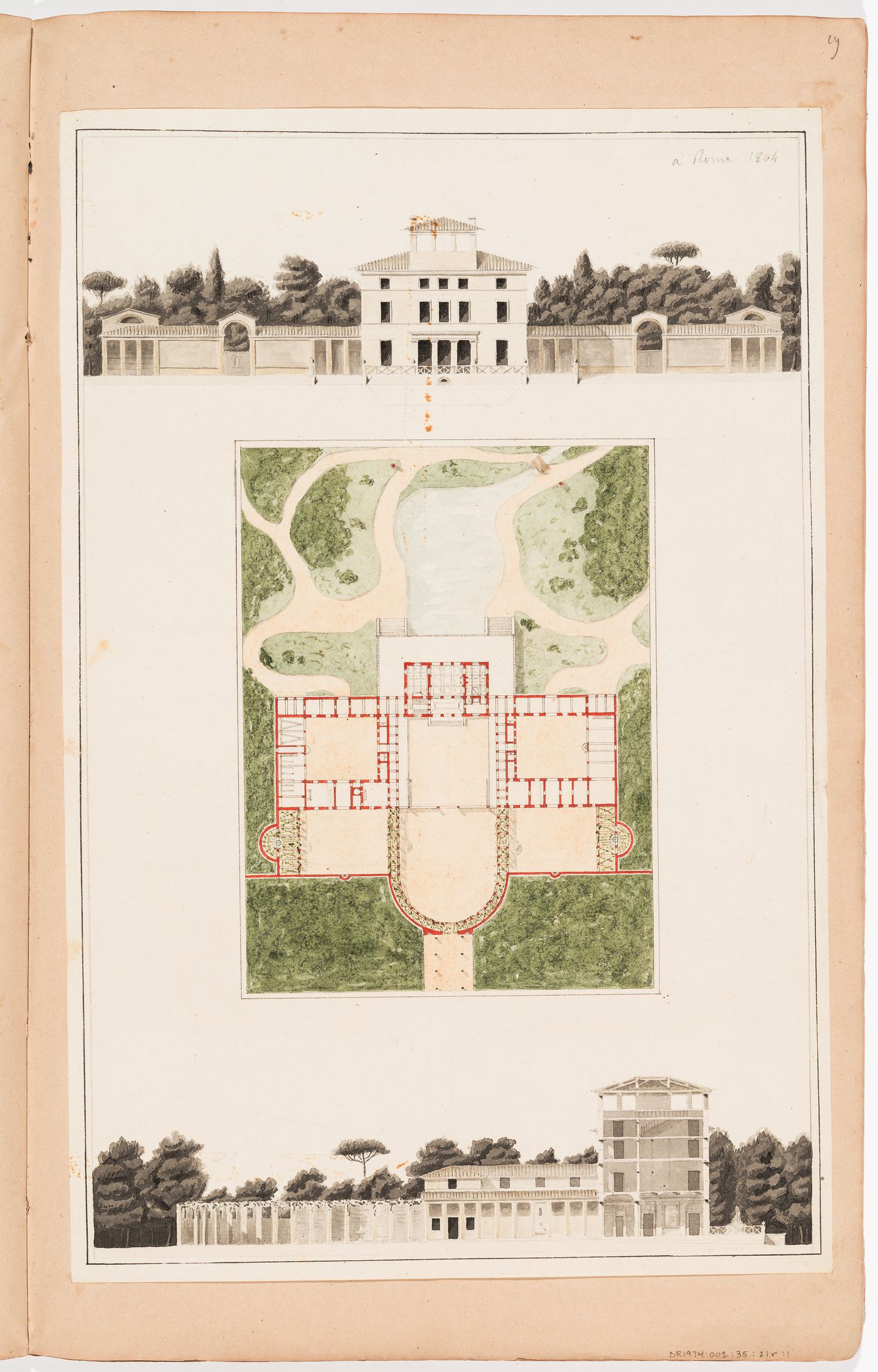 Site plan showing the ground floor, front elevation and longitudinal section for a villa; verso: Plan for a shepherd's house