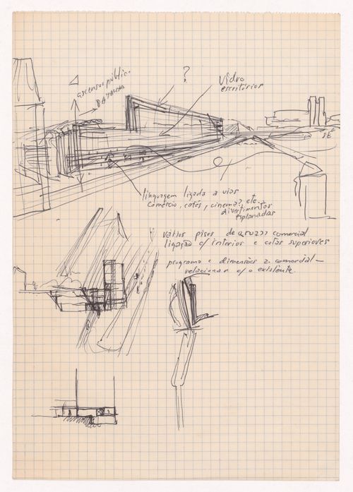 Sketch sections and perspective with annotations for Edifício de Escritórios na Av. D. Afonso Henriques, Avenida da Ponte, Porto, Portugal