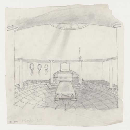 Interior perspective for Woodland Chapel showing the altar and catafalque, Woodland Cemetery, Stockholm, Sweden