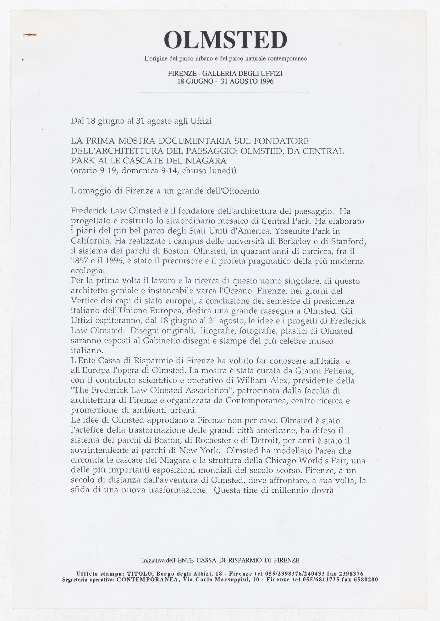 Exhibition description for the exhibition Olmsted: L'origine del parco urbano e del parco naturale contemporaneo