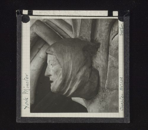 Profile view of sculpture of head in Chapter House of York Minster, York, North Yorkshire, England