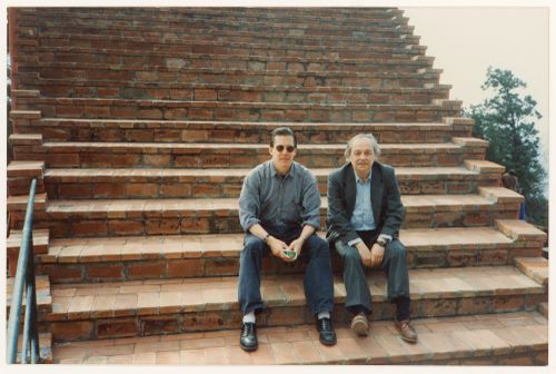 Photograph of Gianni Pettena and an unidentified person in sunglasses at Casa Malaparte in Capri, Italy