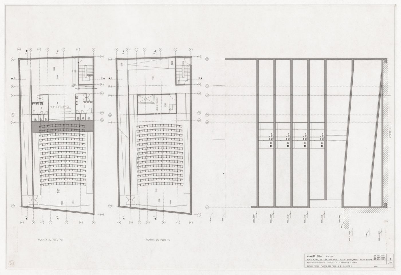 Floor plans and section for Remodelação do Cinema Condes, Lisbon, Portugal