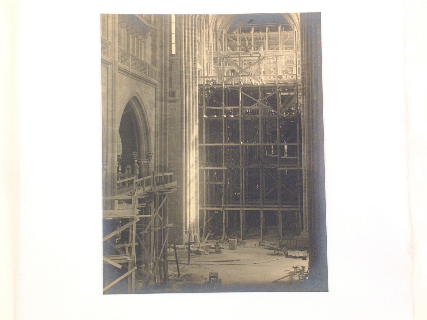 Plate from portfolio ''Svaty Vit (St. Vitus or St. Guy), various interior and exterior views of the cathedral under construction, Prague, Czech Republic''