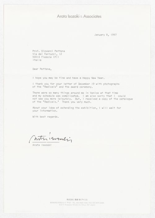 Correspondence from Arata Isozaki regarding the exhibition Radicals. Architecttura e Design 1960-1975