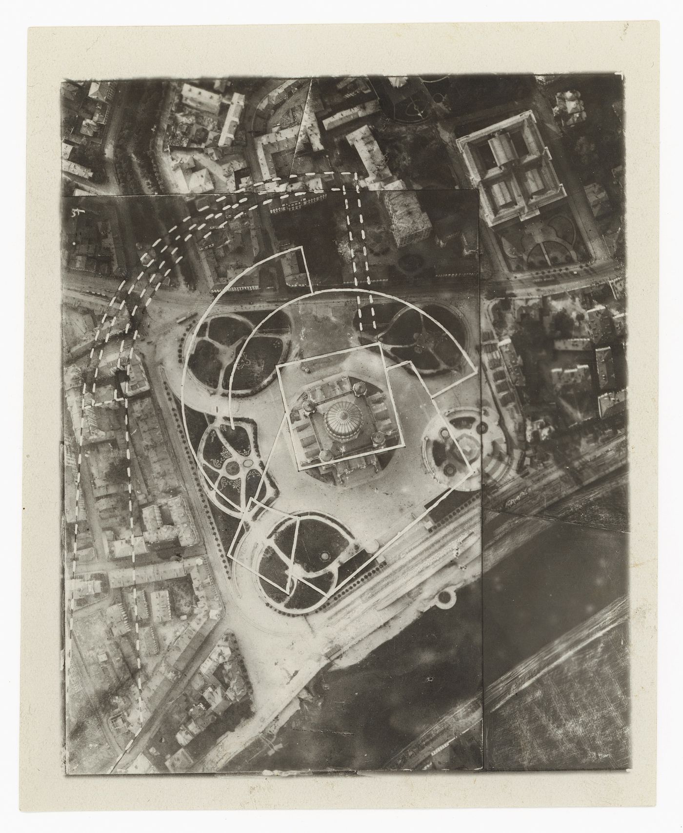 Photograph of a site plan for a competition [?] for a Palace of Soviets executed over an aerial photograph of the Khram Khrista Spasitelia (Temple of Christ the Savior), Moscow