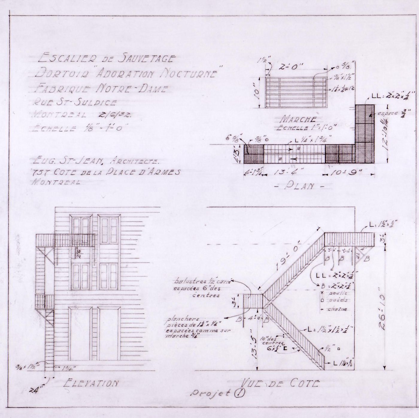 Plan and elevations for the fire escape for the Adoration Nocturne dormitory for Notre-Dame de Montréal, apparently for the renovations of 1929-1949