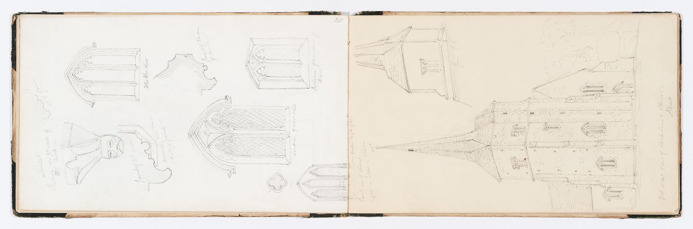 Perspective and detail of St. Nicholas Church, Chislehurst, Kent, England (recto); Details of [Paul's Crown ?] Church, England (verso)