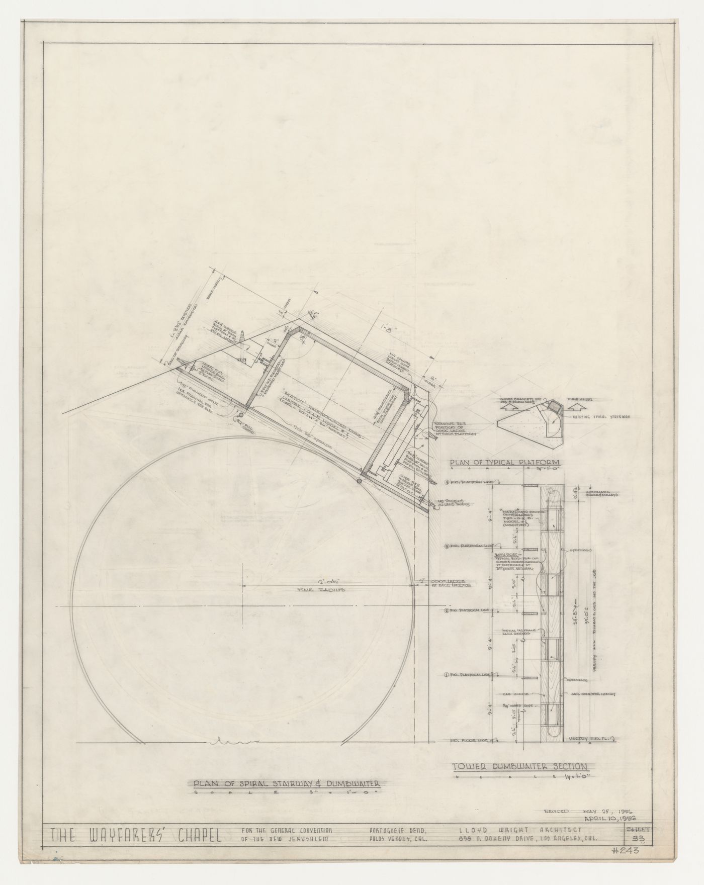 Wayfarers' Chapel, Palos Verdes, California: Plan for campanile stairway and plan and section for dumbwaiter