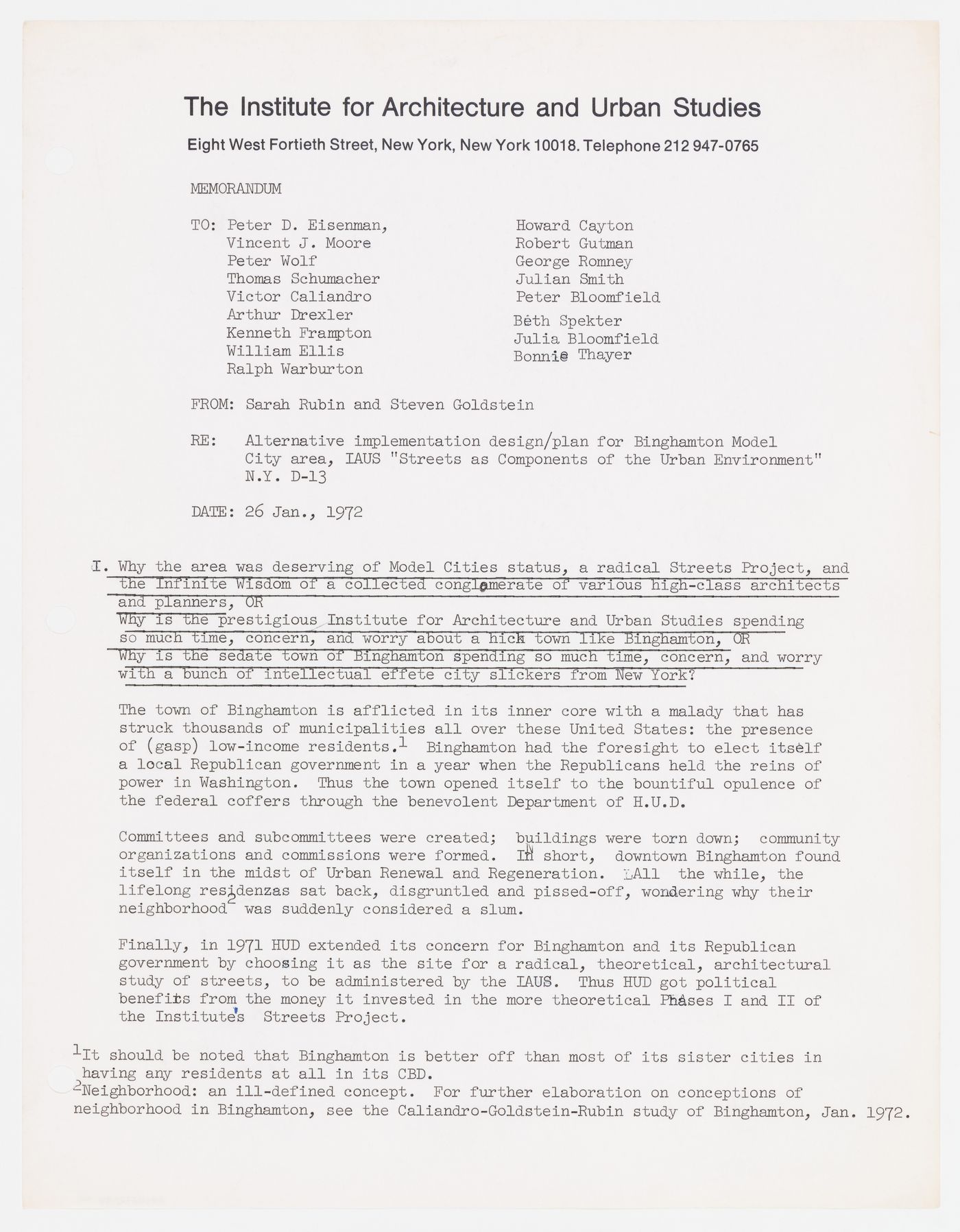 Memorandum from Sarah Rubin and Steven Goldstein to IAUS Fellows about alternative implementation design and plan for Binghampton Model City area, Binghamton Street Study