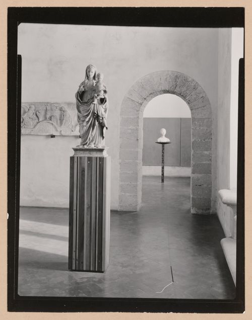 Interior view of the Sala dei Gagini showing sculptures with the Sala di F. Laurana in the background, Palazzo Abatellis, Galleria regionale della Sicilia, Palermo, Italy