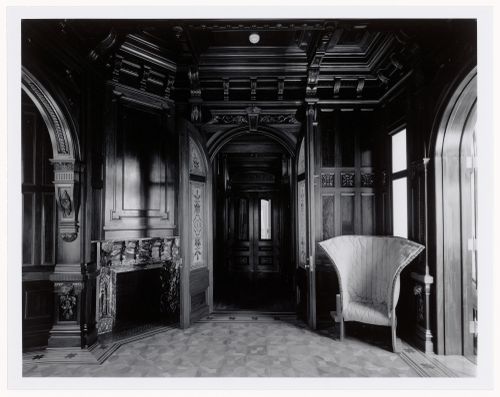 Interior view of the tea room showing a Feltri Armchair and the fireplace, Shaughnessy House under renovation, Montréal, Québec