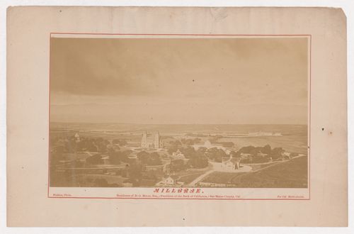 Distant view of the exterior of Millbrae, home of D.O. Mills, San Mateo County, California