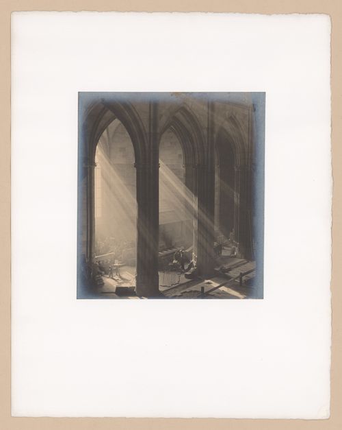 Plate from portfolio ''Svaty Vit (St. Vitus or St. Guy), various interior and exterior views of the cathedral under construction, Prague, Czech Republic''