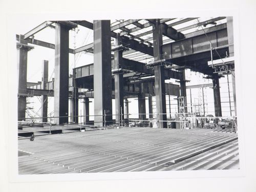 View of construction of steel structure for power station, from interior, United Kingdom