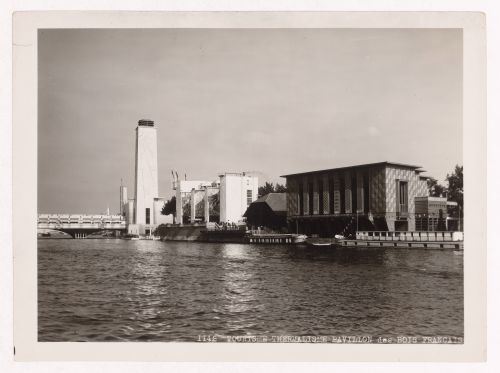 View of the Pavillon du Tourisme, the Pavillon du Thermalisme and the Pavillon du Bois fançais with the Passerelle de l'Alma in the left background and the Seine in the foreground, 1937 Exposition internationale, Paris, France