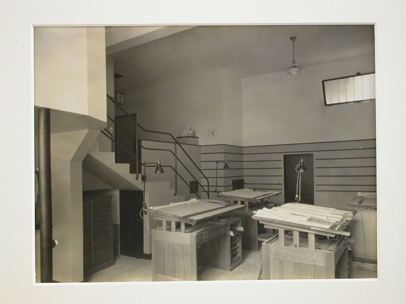 Interior view of ca. 1920s modernist workroom with drafting tables, France ?