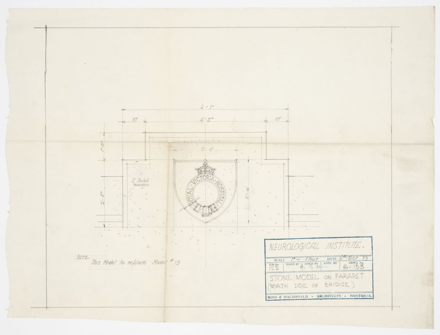 Montréal Neurological Institute, Montréal, Québec: drawing for stone model on parapet on north side of bridge