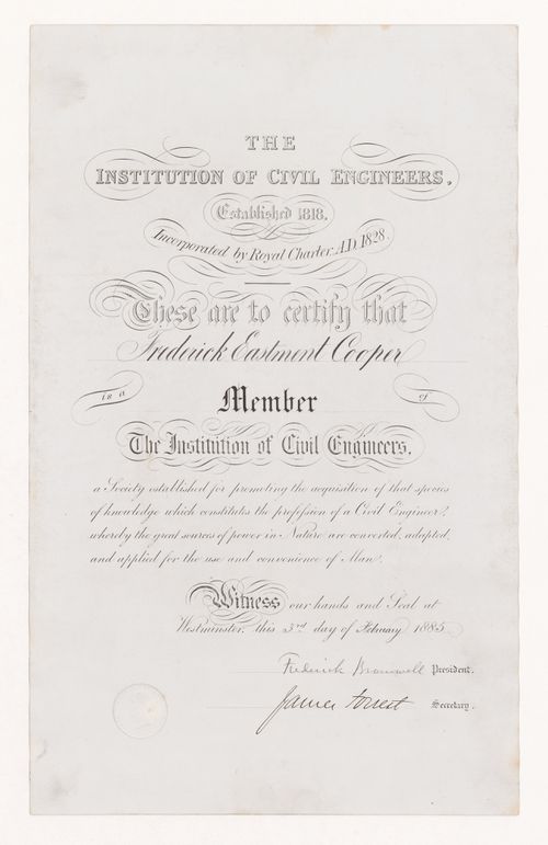 Certificate of F.E. Cooper's membership in the Institution of Civil Engineers