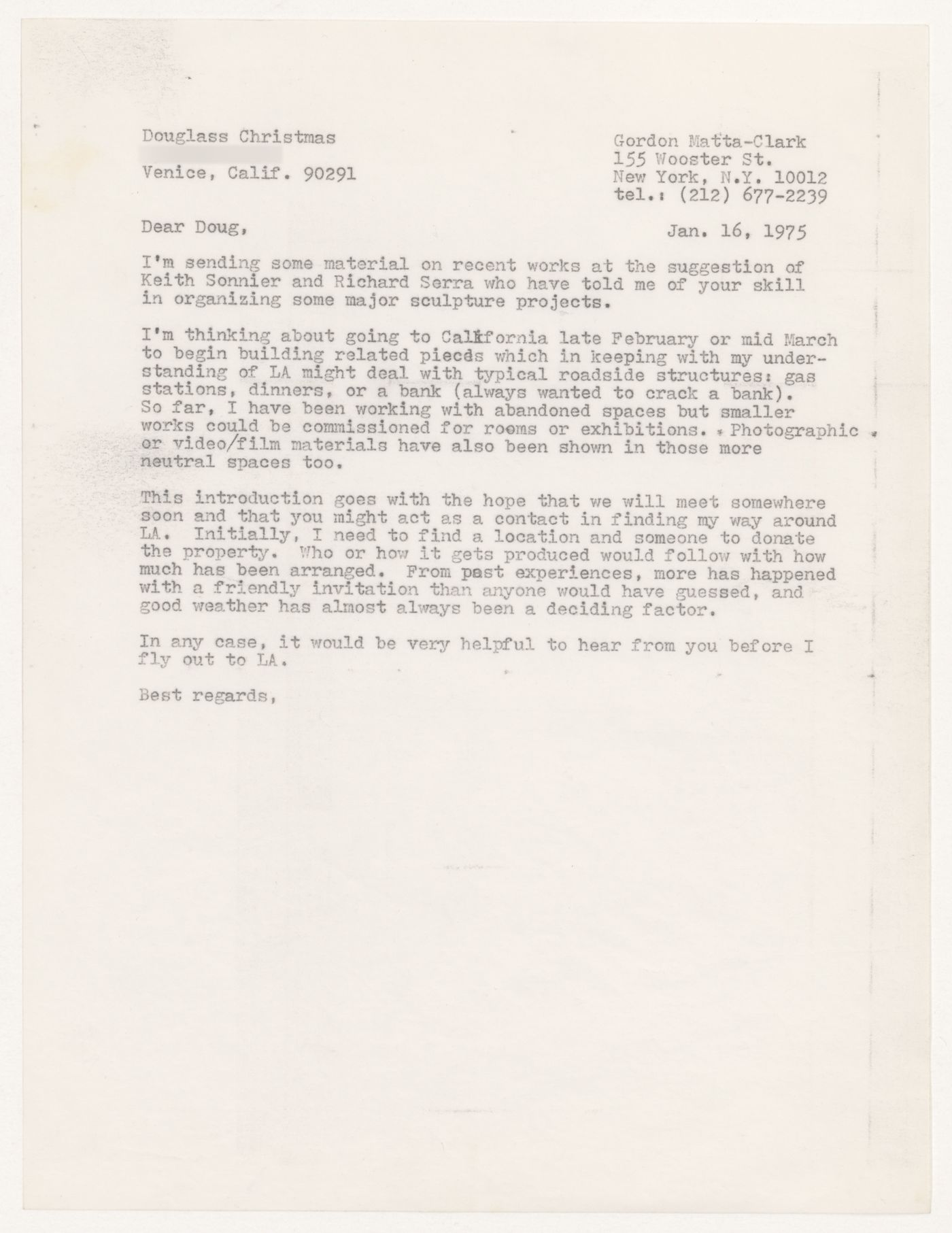 Letter from Gordon Matta-Clark to Douglass [sic] Christmas [sic]
