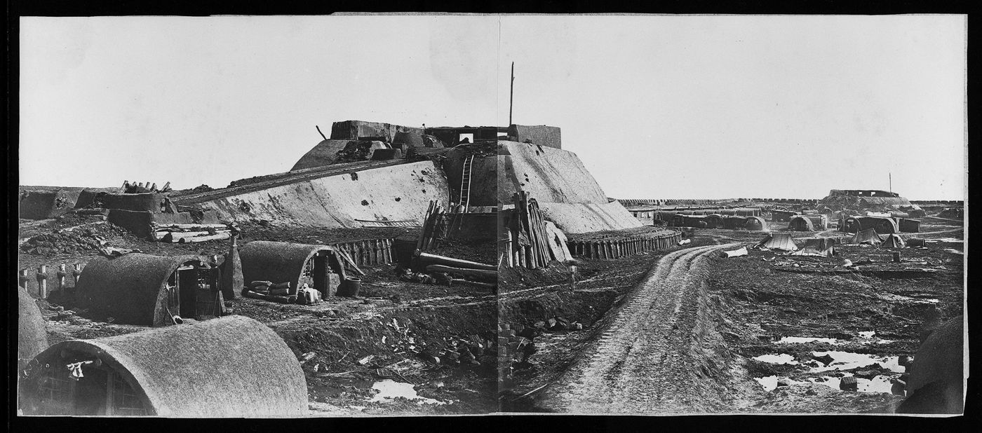 Panorama of the Lower North Taku Fort (also known as the 2nd North Fort) showing earthwork cavaliers and defensive walls, Taku (now Dagu), near Tientsin (now Tianjin), China