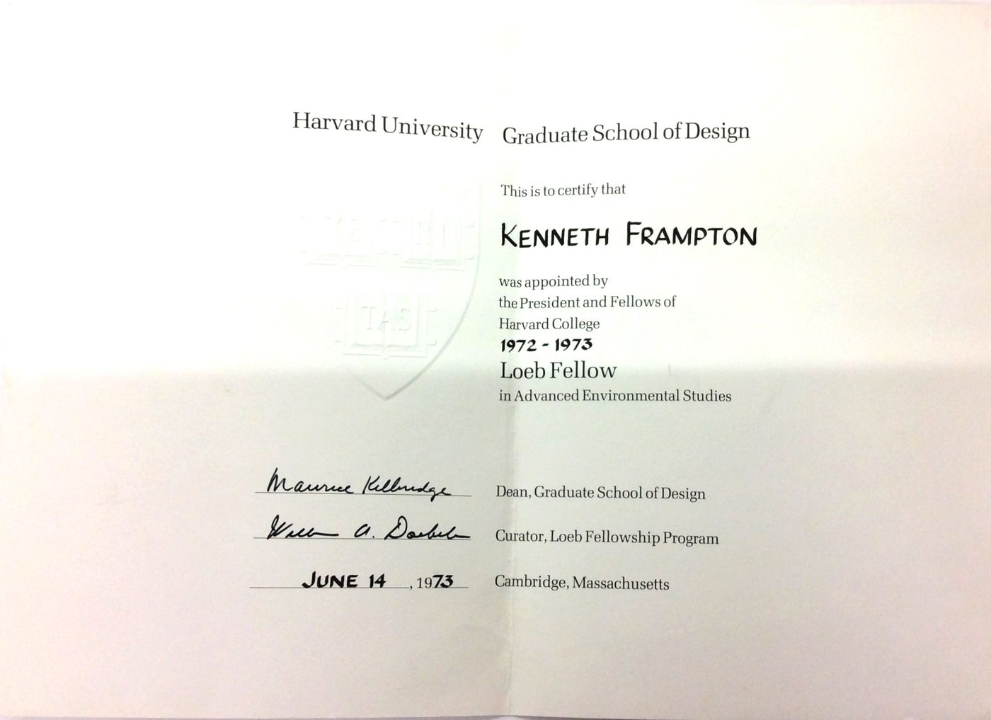Kenneth Frampton Loeb Fellowship Diploma