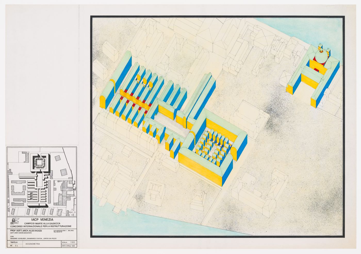Project for redevelopment of the Campo di Marte area of La Giudecca, Venice, Italy: axonometric