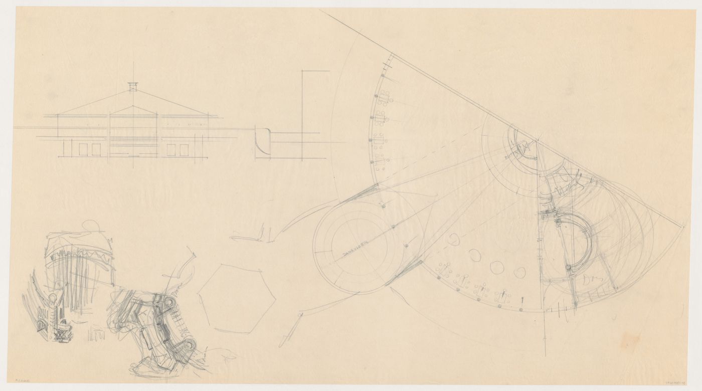 Plan and section for Café Viaduct and sketch plan for Industriegebouw Plan A or a city hall for the reconstruction of the Hofplein (city centre), Rotterdam, Netherlands