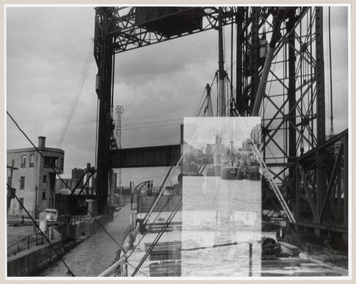 View of the Lachine Canal from a ship with the reflection of the rear of the ship in the pilot's cabin window, Montréal, Québec, Canada