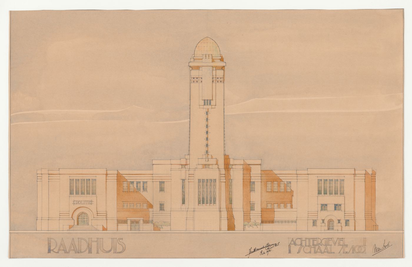 Student presentation drawing showing a rear elevation for a town hall, Technische Hogeschool Delft, Netherlands