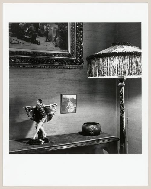 Interior view of the living room of Slessor House showing furniture and objets d'art to the right of the fireplace, 1538 avenue Dr. Penfield, Montréal, Québec
