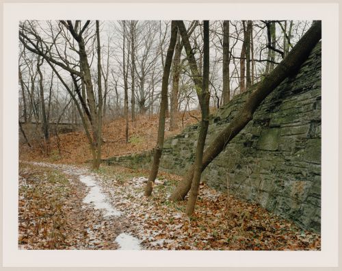 Viewing Olmsted: View of Retaining wall in ravine, looking towards bridge (#18), Lake Park, Milwaukee, Wisconsin