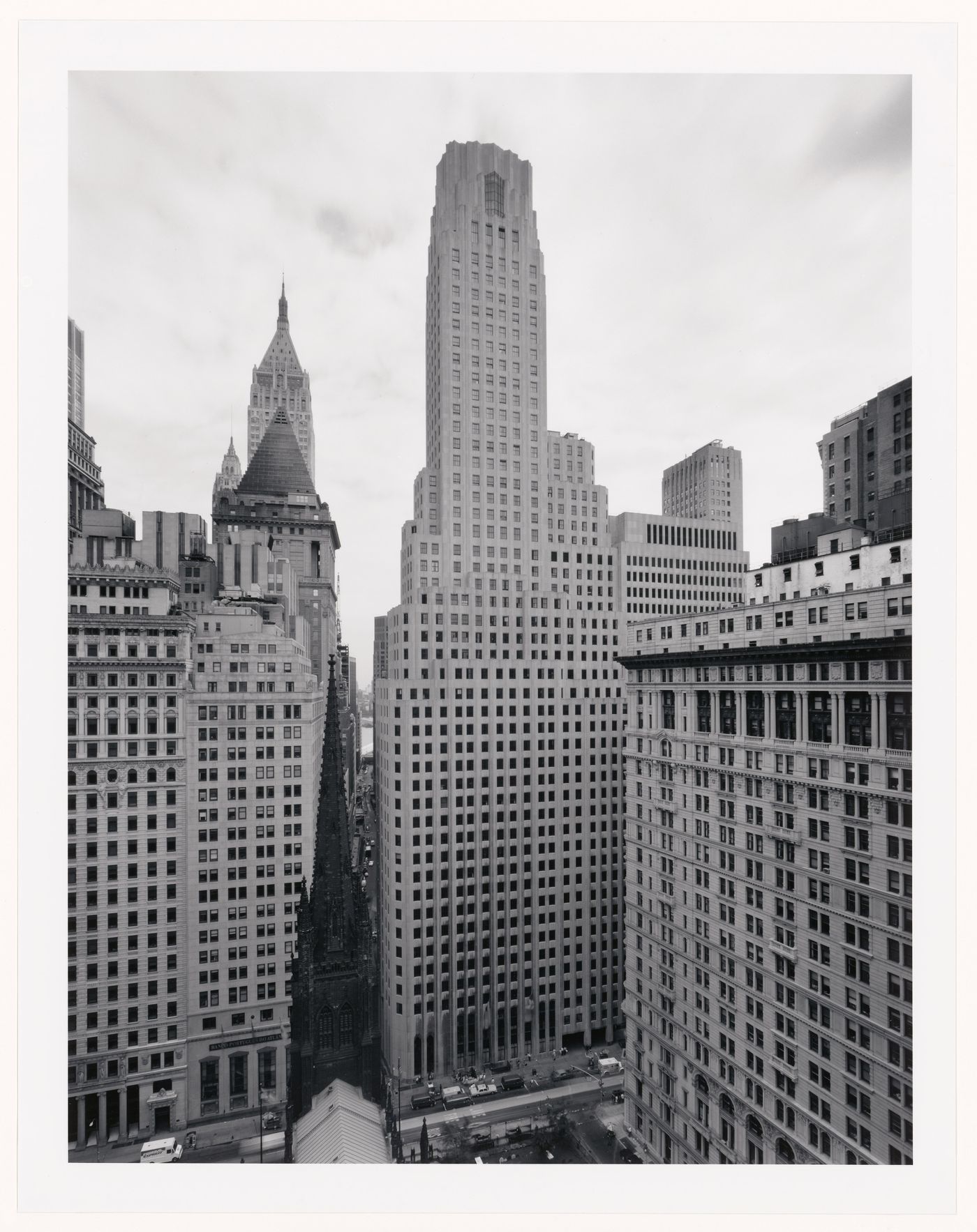 Broadway Street elevation, Irving Trust Company, with Trinity Church, New York City, New York