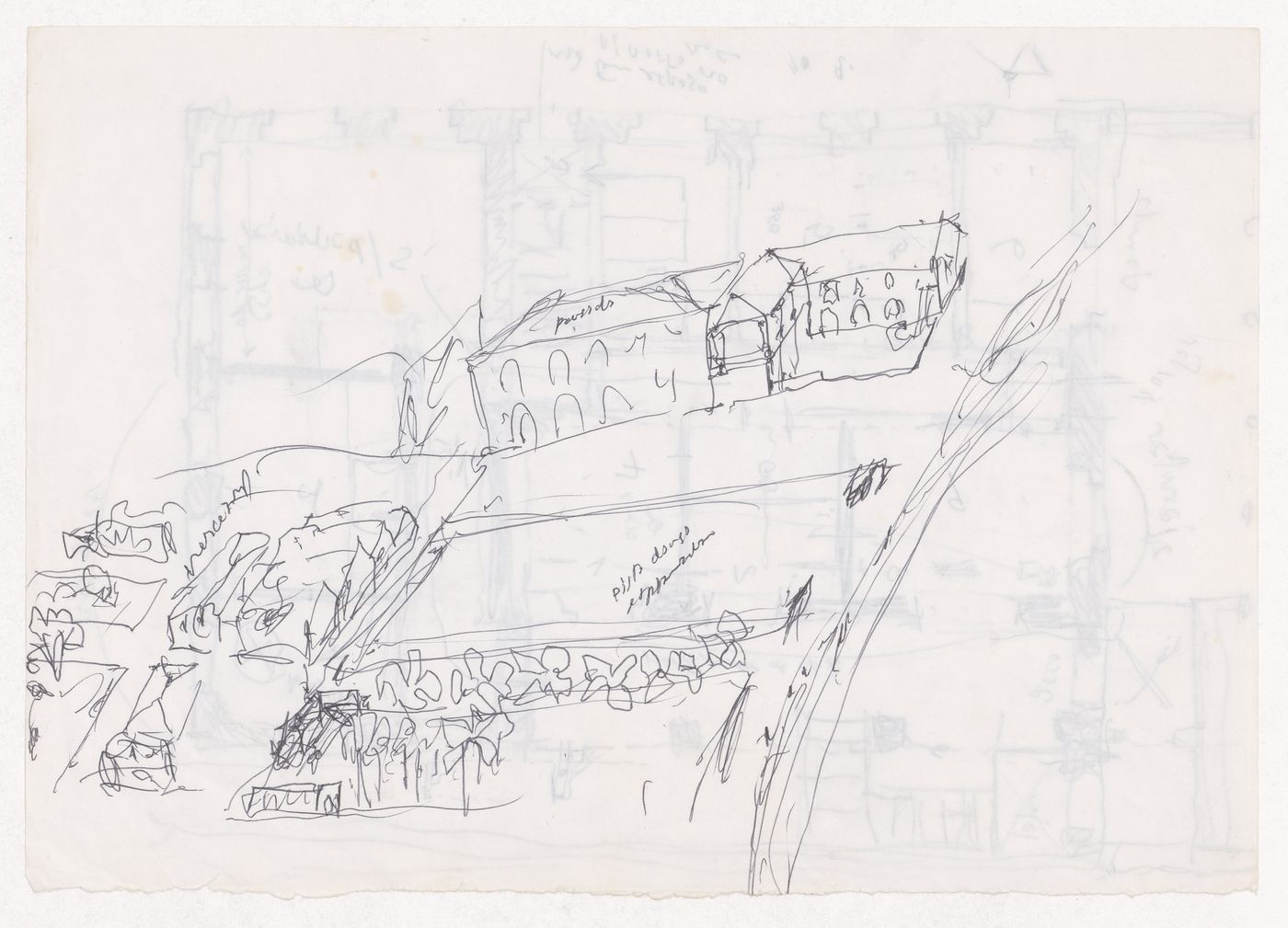 Sketch axonometric views for Plano de Recuperação e Transformação da Cidade de S. Tomé e Príncipe,  Democratic Republic of São Tomé and Principe; verso: Sketch plan for  Plano de Recuperação e Transformação da Cidade de S. Tomé e Príncipe,  Democratic Republic of São Tomé and Principe
