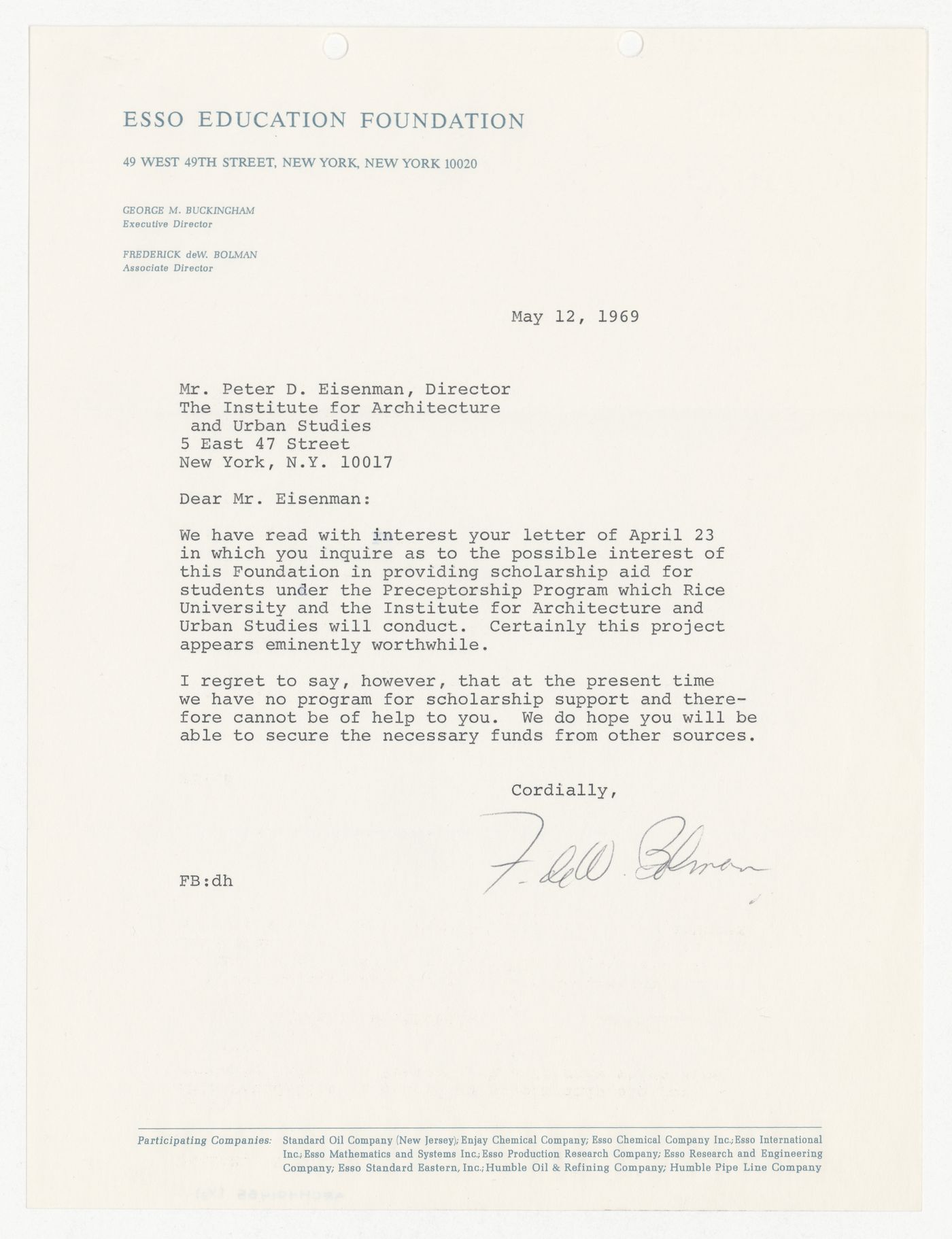 Letter from Frederick deW. Bolman to Peter D. Eisenman responding to donation request made by Eisenman with attached copy of original letter