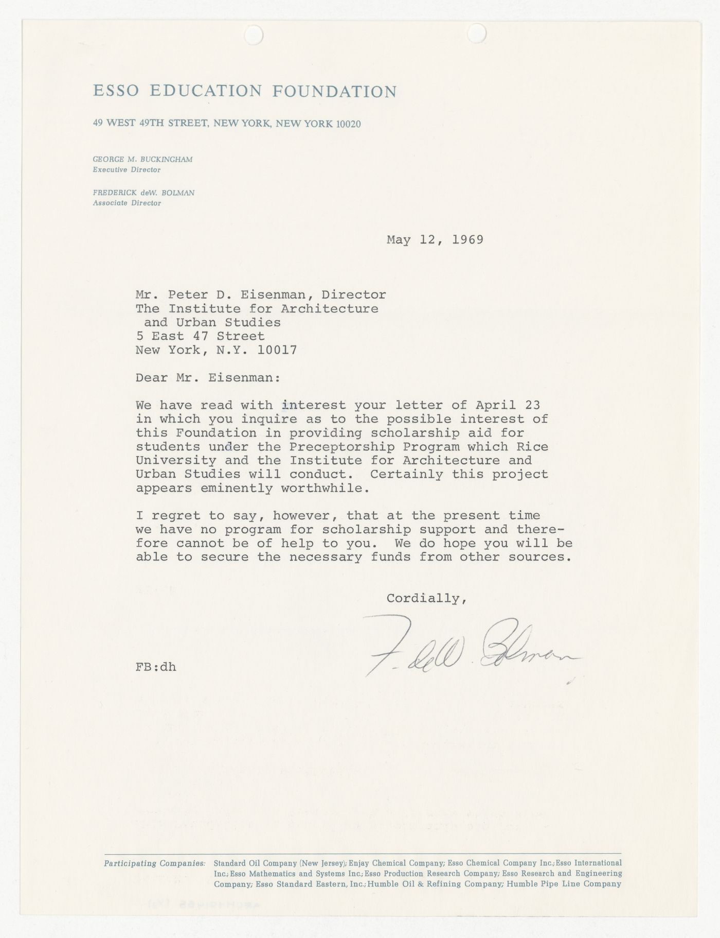 Letter from Frederick deW. Bolman to Peter D. Eisenman responding to donation request made by Eisenman with attached copy of original letter