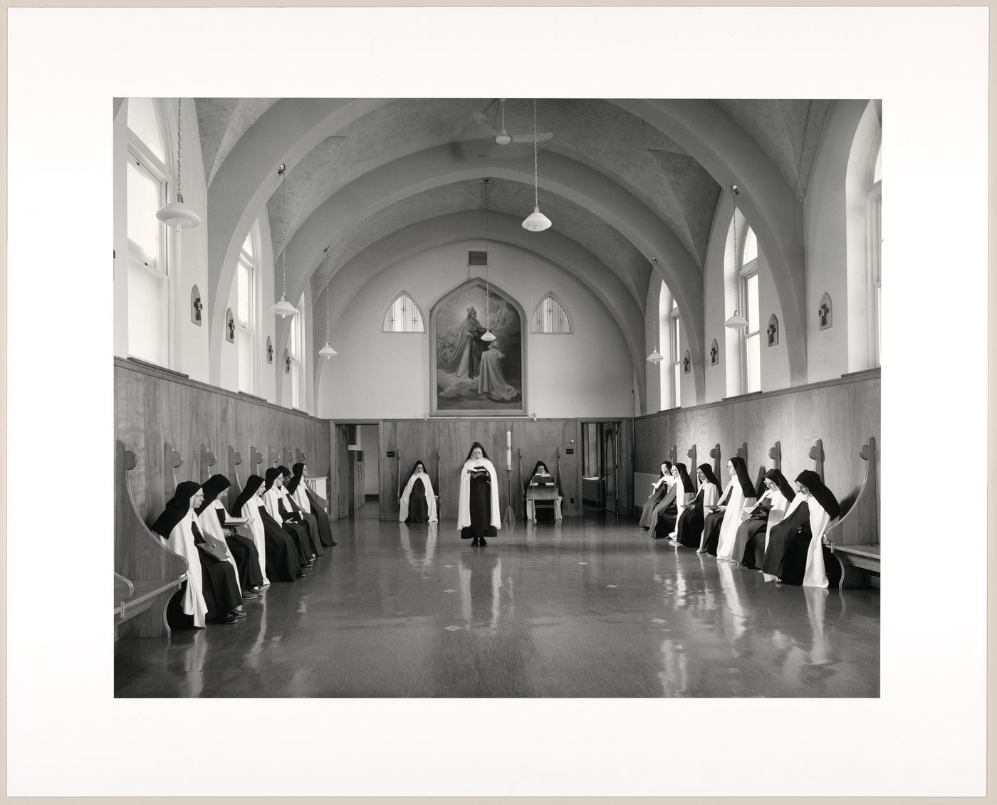 View of interior of the choir with the Carmélite nuns sitting along the sides, from the Convent Series, Trois-Rivières, Québec, Canada